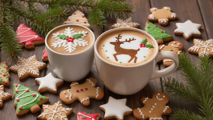 Festive latte with Christmas foam art in a ceramic mug, surrounded by cookies and evergreen branches, photorealistic
