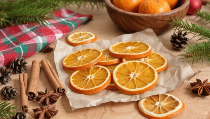Candied oranges and cinnamon sticks on parchment paper, rustic Christmas kitchen atmosphere