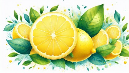 fresh watercolor lemons with splashes and green leaves on white background vibrant citrus themed design ideal for packaging and seasonal food visuals