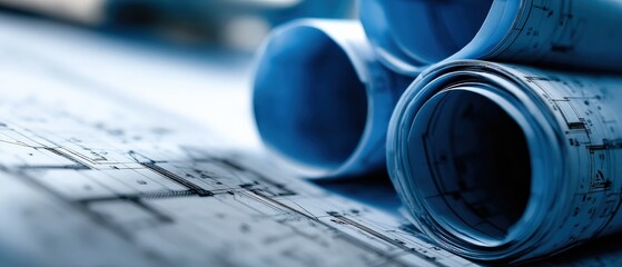 Architectural blueprints and rolled plans in blue tone, showcasing design and precision for construction, engineering, and real estate projects