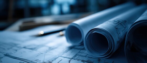 Architectural blueprints and pen in a dimly lit office, showcasing design and precision in engineering and construction planning Concept of architecture and design