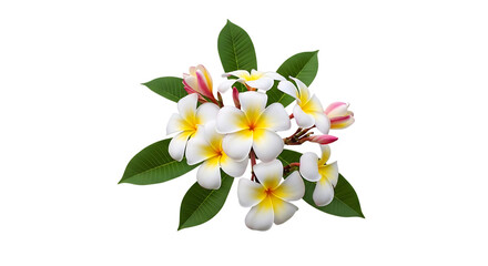 Obraz premium Cluster of White and Yellow Plumeria Flowers, with green leaves, isolated on white or transparent background, PNG