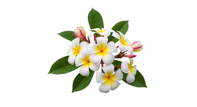 Cluster of White and Yellow Plumeria Flowers, with green leaves, isolated on white or transparent background, PNG