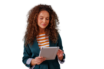 Woman with curly hair using a tablet, browsing content, standing on transparent background
