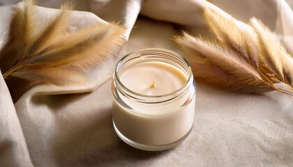 elegant soy candle in a glass jar with pampas grass and neutral fabric styled on beige textured surface with soft natural lighting © Justin