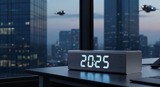 Futuristic Alarm Clock Displaying 2025 with Cityscape Background.