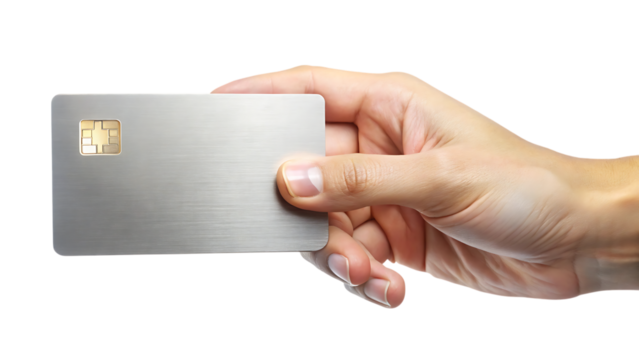 Hand, Holding a brushed metallic credit card with a gold chip, cutout, PNG, isolated on transparent background, AI