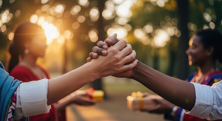 Diverse hands unite, clasping in friendship, showing solidarity. Individuals exchange kind gifts during a golden outdoor gathering, symbolizing goodwill, harmony.