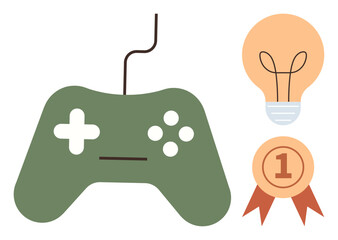 Green game controller with buttons, a light bulb symbolizing ideas, and a 1 award ribbon. Ideal for innovation, gaming, achievement, competition, creativity leadership and success. Simple flat