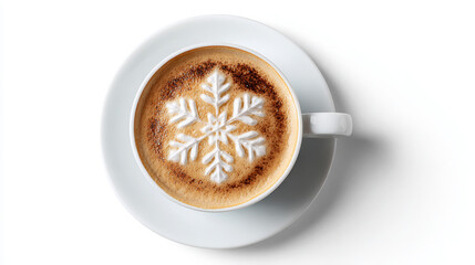 Hot beverage in white cup with snowflake latte art on creamy surface, placed on a saucer, showcasing winter-themed coffee experience and seasonal delight