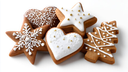 Decorative gingerbread cookies shaped like stars, hearts, and Christmas trees, adorned with white icing and gold accents, perfect for festive holiday celebrations and seasonal treats