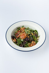 Mixed green salad with roasted pumpkin, walnuts and grainy mustard dressing, studio
