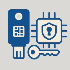 Fototapeta premium Digital security elements representing data protection featuring a key USB drive a microchip with a shield and a metal key emphasizing cybersecurity and intellectual protection