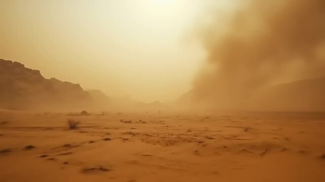 Desert sandstorm with arid landscape.