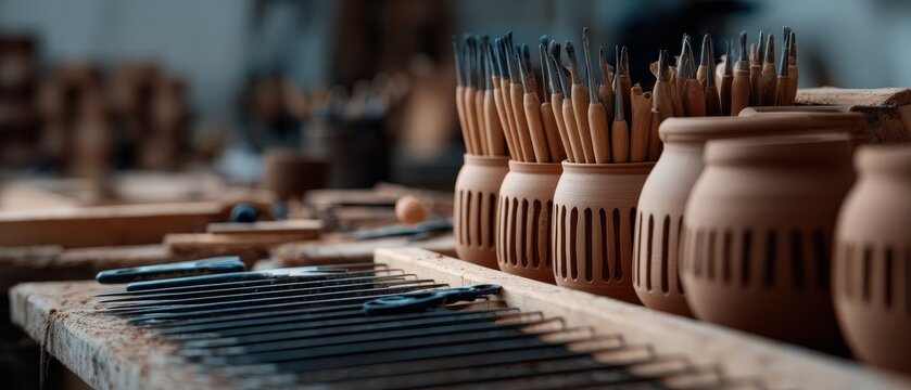 Pottery tools and clay pots on a workbench in a pottery studio Concept of craftsmanship, handmade, and ceramics