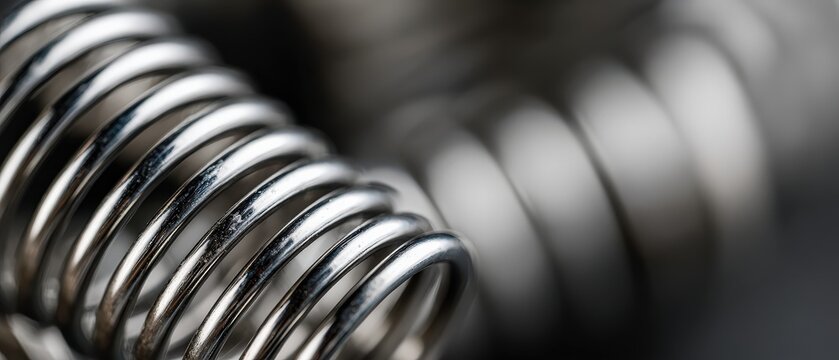 Macro shot of shiny metal coil spring with blurred background Concept of resilience, suspension, and industrial design