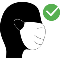 Black and White Profile Silhouette of a Head Wearing a White Face Mask with a Green Check Mark Symbol Indicating Approval and Safety
