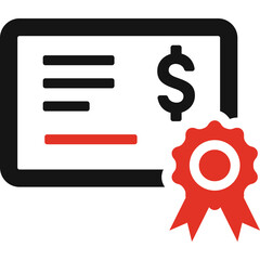 Black and Red Certificate Document with Dollar Sign and Award Ribbon Isolated on White Background