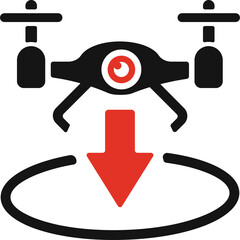 Black and Red Drone Icon Showing Downward Movement Towards a Circular Path Illustration on a Transparent Background