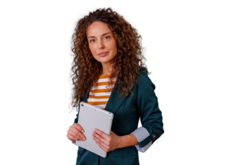 Confident businesswoman with curly hair holding a digital tablet, looking at camera with transparent background
