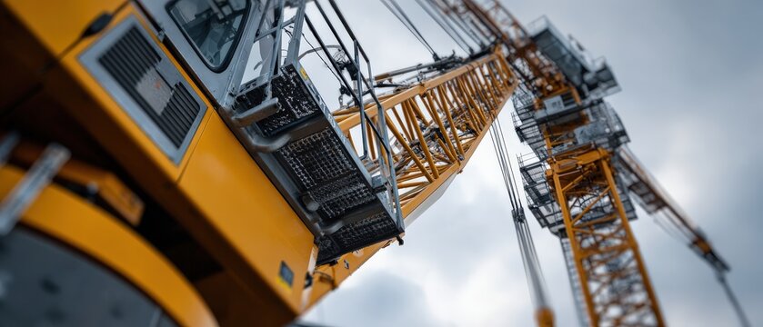 Low angle view of a yellow mobile crane against cloudy sky Concept of construction, industry, heavy equipment, and engineering
