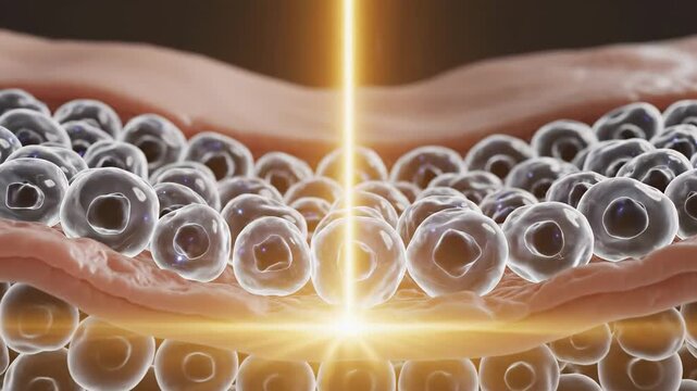 Close up microscopic view of skin cells with glowing energy penetrating the dermal layers.