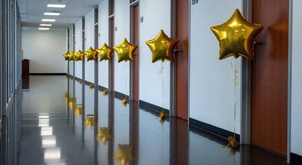Golden star balloons decorating doors in a modern office hallway. Corporate celebration for employee appreciation and recognition. Success and achievement