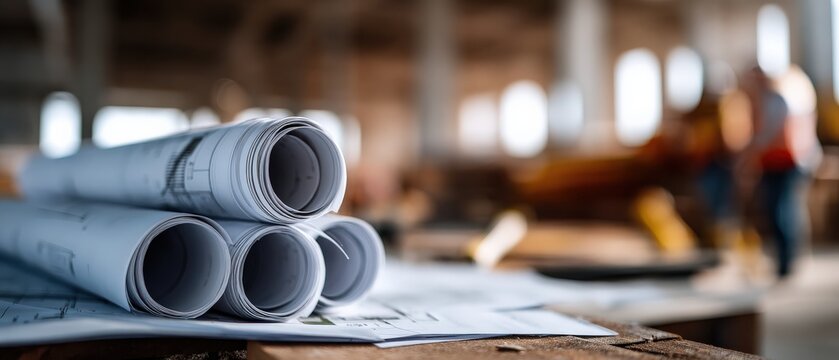 Stack of architectural blueprints on wooden table at construction site Concept of engineering, architecture, and building design