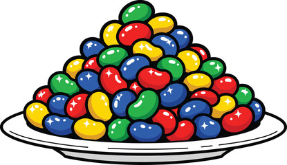 A large colorful cartoon pile of glossy red green blue and yellow jelly beans on a plate.