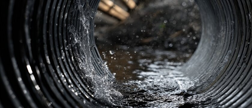 Water flowing through corrugated metal pipe, drainage system with splash and motion Concept of infrastructure, flood control, and environmental management