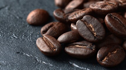 Naklejka premium Close-up View of Textured Coffee Beans Showcasing Rich Brown Tones on a Dark Surface