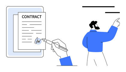 Fototapeta premium Hand signing digital contract on tablet with pen while man explains visually. Ideal for technology, business, legal, agreement, management, workflow, team collaboration. Simple flat metaphor