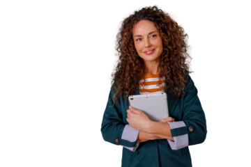 Confident mature businesswoman with curly hair holding a digital tablet with transparent background