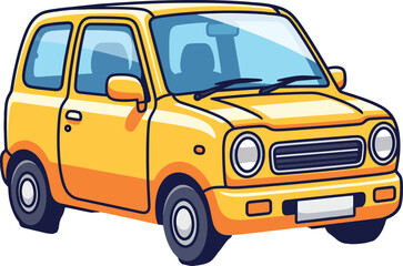 Cheerful Yellow Compact Cartoon Car with a Retro Design and Bold Outlines.