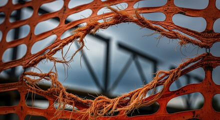 Gritty close-up of a frayed orange safety net with a blurred industrial background
