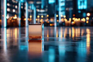 A reflective glass cube placed on a polished surface, illuminated by vibrant city lights, creates an engaging visual interplay of reflections and colors.