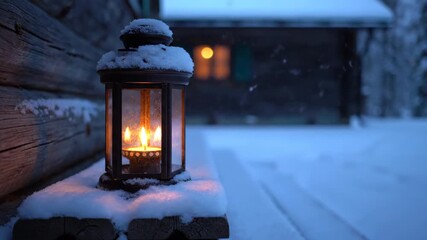 Lit candle in lantern on snowy wooden porch. Warm flame glow against winter night cabin. Cozy outdoor illumination in fresh snowfall. video footage video footage - Powered by Adobe