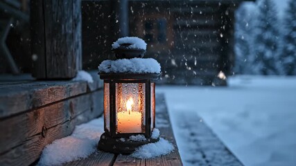 Lit lantern on snowy wooden porch in winter night. Candle glow illuminates fresh snowfall. Cozy outdoor scene with accumulating snow for seasonal warmth ambiance. video footage video footage - Powered by Adobe
