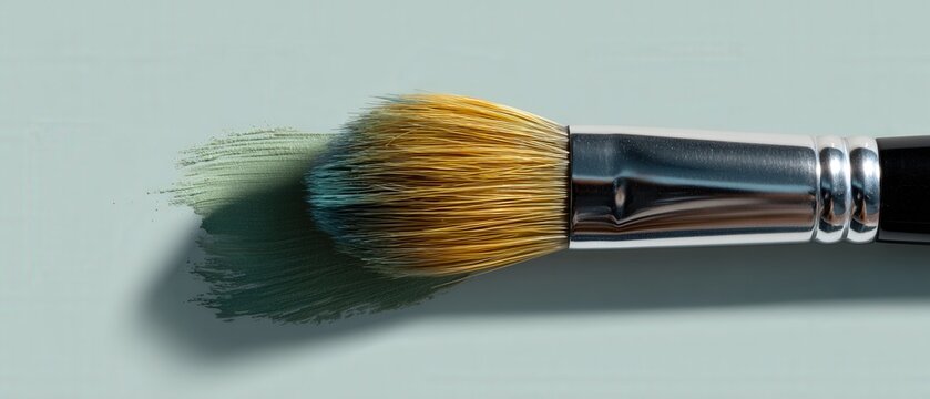 Closeup of Paint Brush with Green Paint Stroke on Light Blue Background Concept of Artistic Expression, Craft, and Creativity
