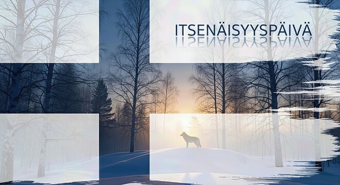 Finland Independence Day, national holiday, December sixth, serene winter landscape, Finnish flag motif, congratulations poster, greeting banner, promotional card.