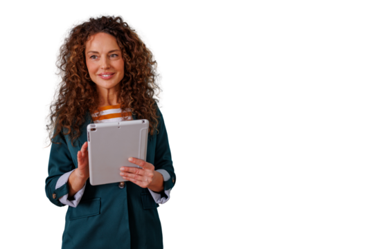 Professional businesswoman in blazer embracing technology, holding tablet, smiling confidently, on transparent background - Powered by Adobe