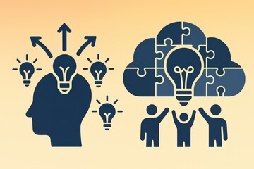 Innovative cognitive processes depicted through light bulb symbols radiating ideas alongside teamwork focused on problem solving, showcasing dynamic collaboration in thought leadership contexts