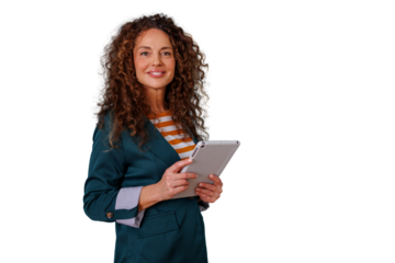 Confident mature businesswoman smiling, standing with digital tablet, browsing business applications, transparent background