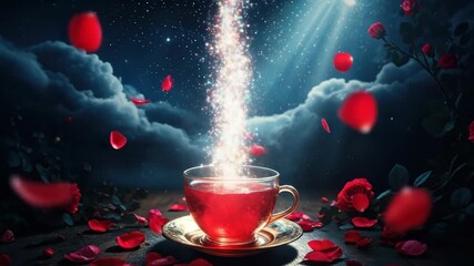 Magical teacup releasing golden dollar beam amid falling red rose petals. Enchanted wealth transformation in starry cloudy sky with mystical light rays for financial fantasy concept. video footage - Powered by Adobe
