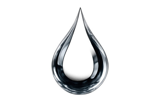 Chrome droplet liquid form with shiny metallic surface reflecting light on transparent background
