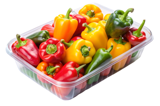 Bell peppers, Assorted in clear plastic tray with white background, cutout, PNG, isolated on transparent background, AI