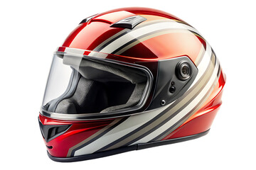 Helmet, Red and white striped racing with clear visor and dark interior, cutout, PNG, isolated on transparent background, AI