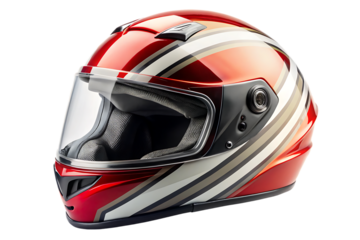 Helmet, Red and white striped racing with clear visor and dark interior, cutout, PNG, isolated on transparent background, AI