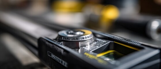 Closeup of precise spirit level tool with bubble for accurate measurement and leveling on construction site Concept of precision, accuracy, and professional equipment
