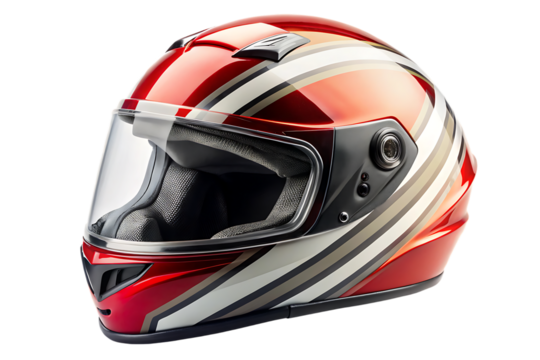 Helmet, Red and white striped racing with clear visor and dark interior, cutout, PNG, isolated on transparent background, AI